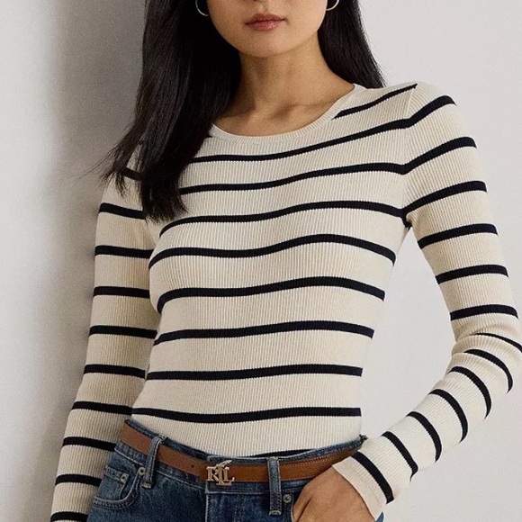 Ralph Lauren Sweaters - Lauren Ralph Lauren Cream Black Striped Ribbed Knit Crewneck Slim Fit L Classic